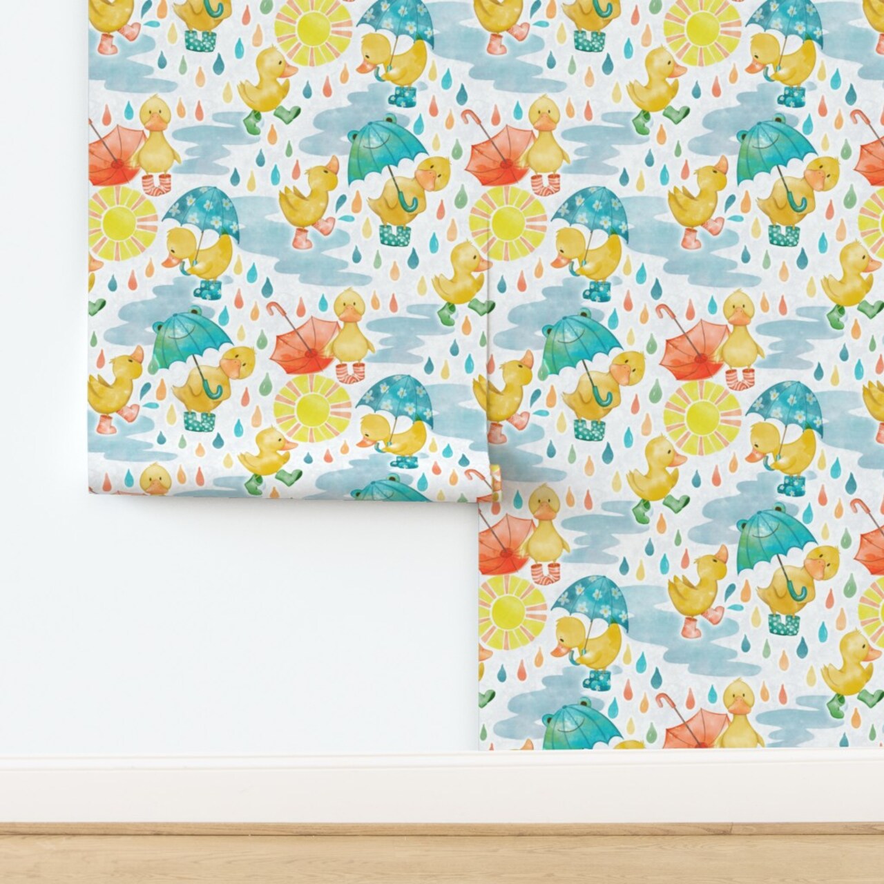 Baby Duck Rainy Days Muddy Puddles Welly Boots Puddle Jumping Blue Yellow Custom Pre-pasted Wallpaper by Spoonflower Pre-Pasted Wallpaper 2FT Wide